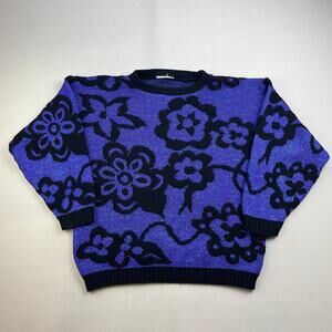 Vintage Flower Art Sweater Adult Small Purple Black Knit Floral Hippie Abstract